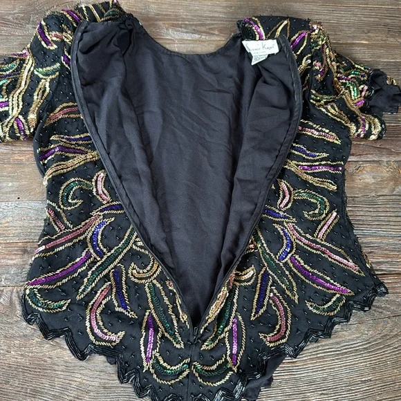 Vintage Lawrence Kazar sequined beaded silk top GVC size M - Picture 11 of 12